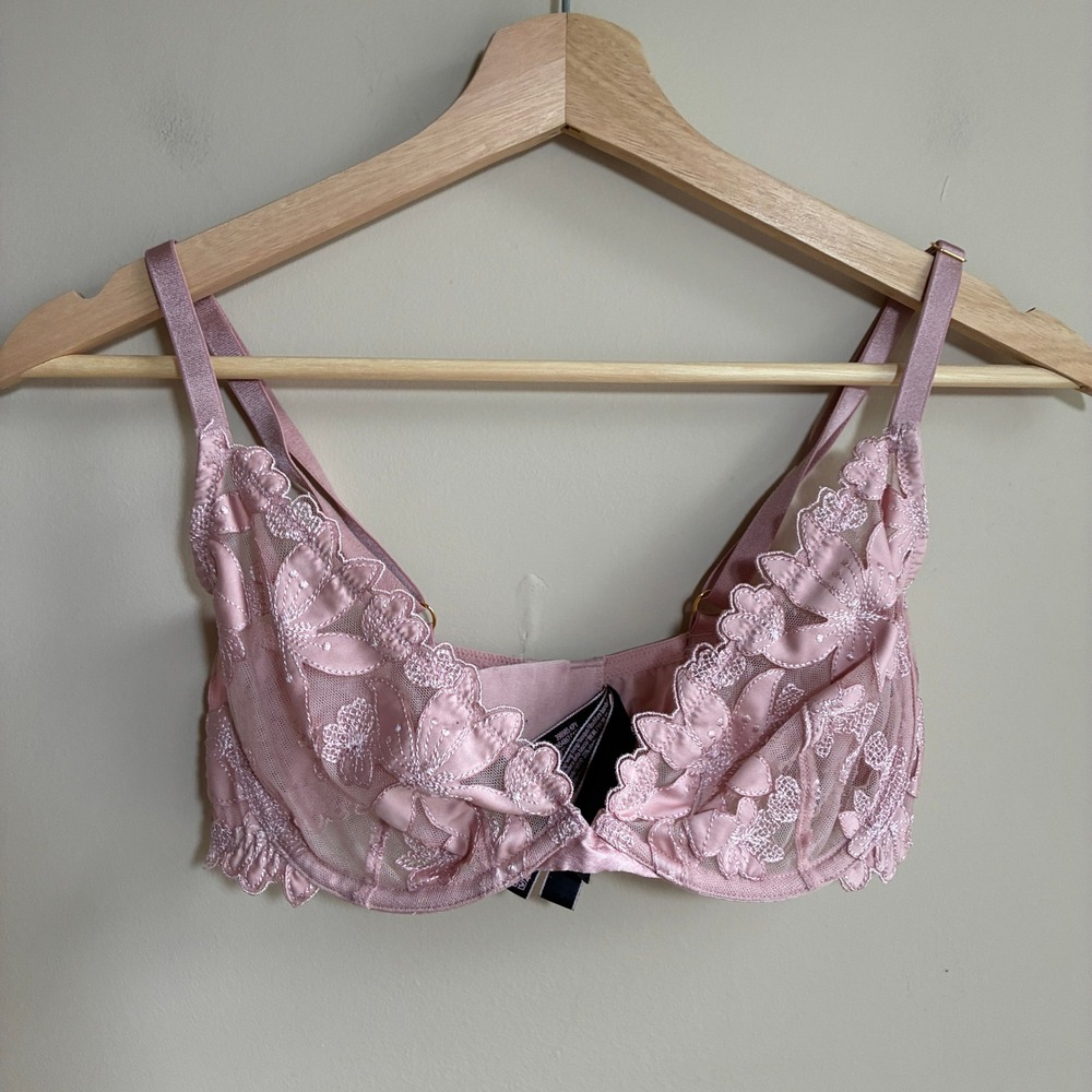 Victoria's Secret Unlined Plunge Bra 32DD Pink Women Floral Embroidered Mesh
